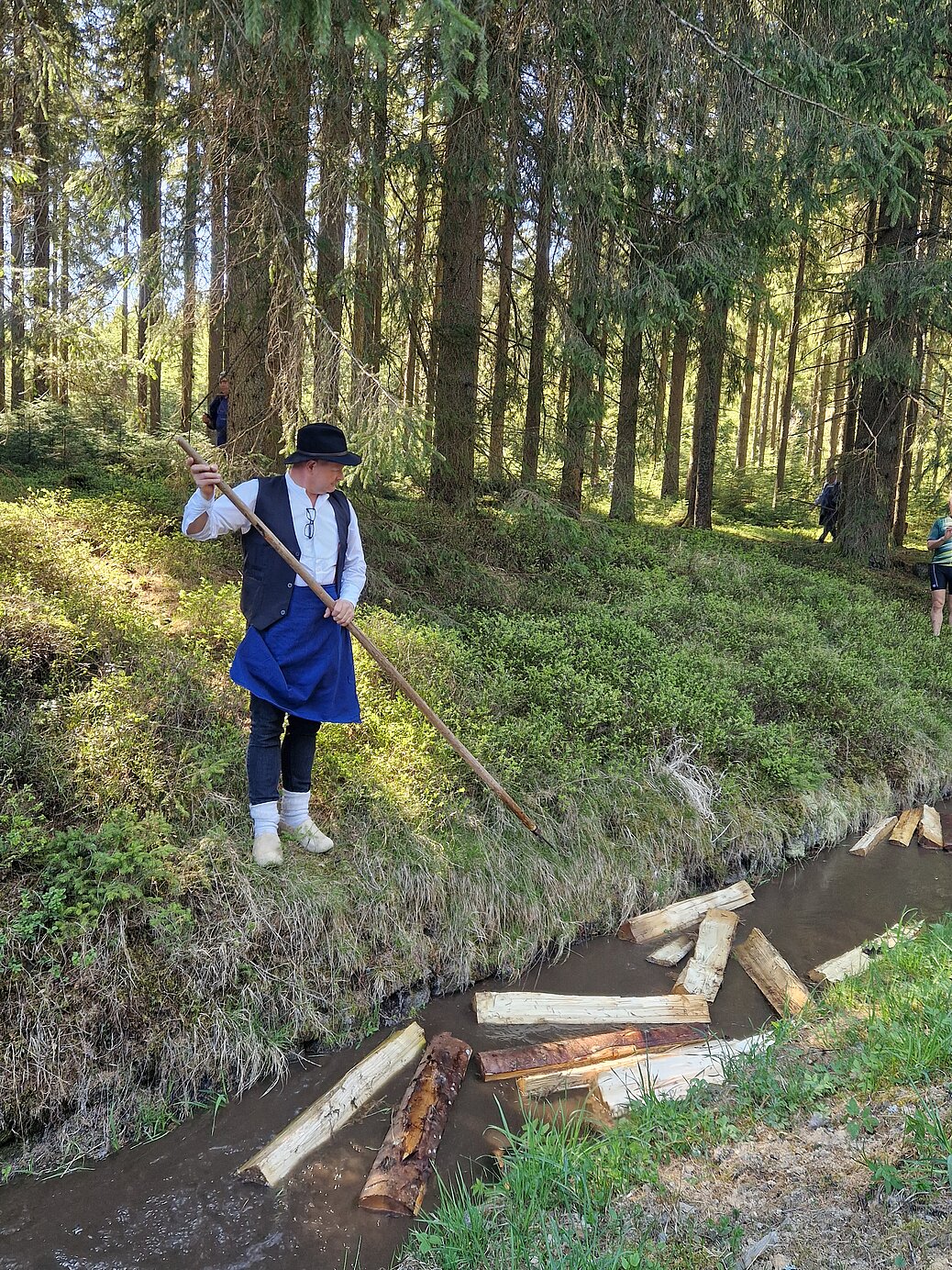 Person steht am Waldrand an einem Bach und steuert mit langem Stock Holzstücke im Wasser; im Hintergrund dichter Nadelwald